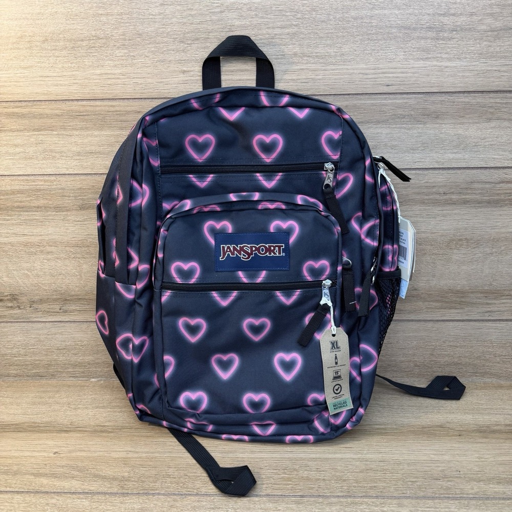JanSport Big Student 17.5" Backpack - Happy Hearts Black Pink Laptop Sleeve NEW